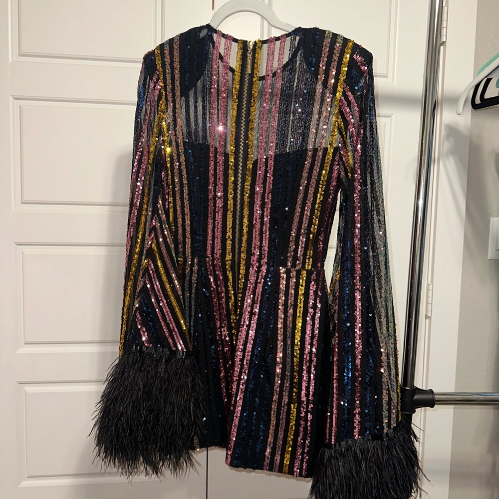 Bronx and Banco Multicolor Sequin Stripe Mini Dress with Feather Cuffs - Picture 3 of 5